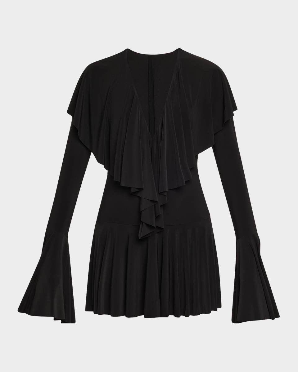 Long-Sleeve Deep V Ruffle Mini Dress